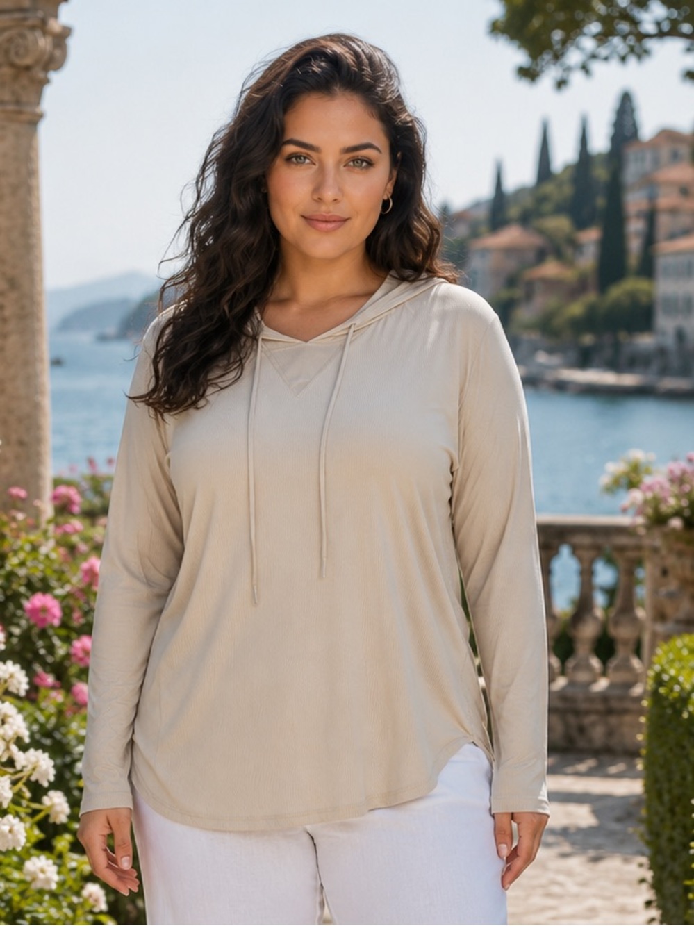Sage Long Sleeve Hooded Tee in Beige